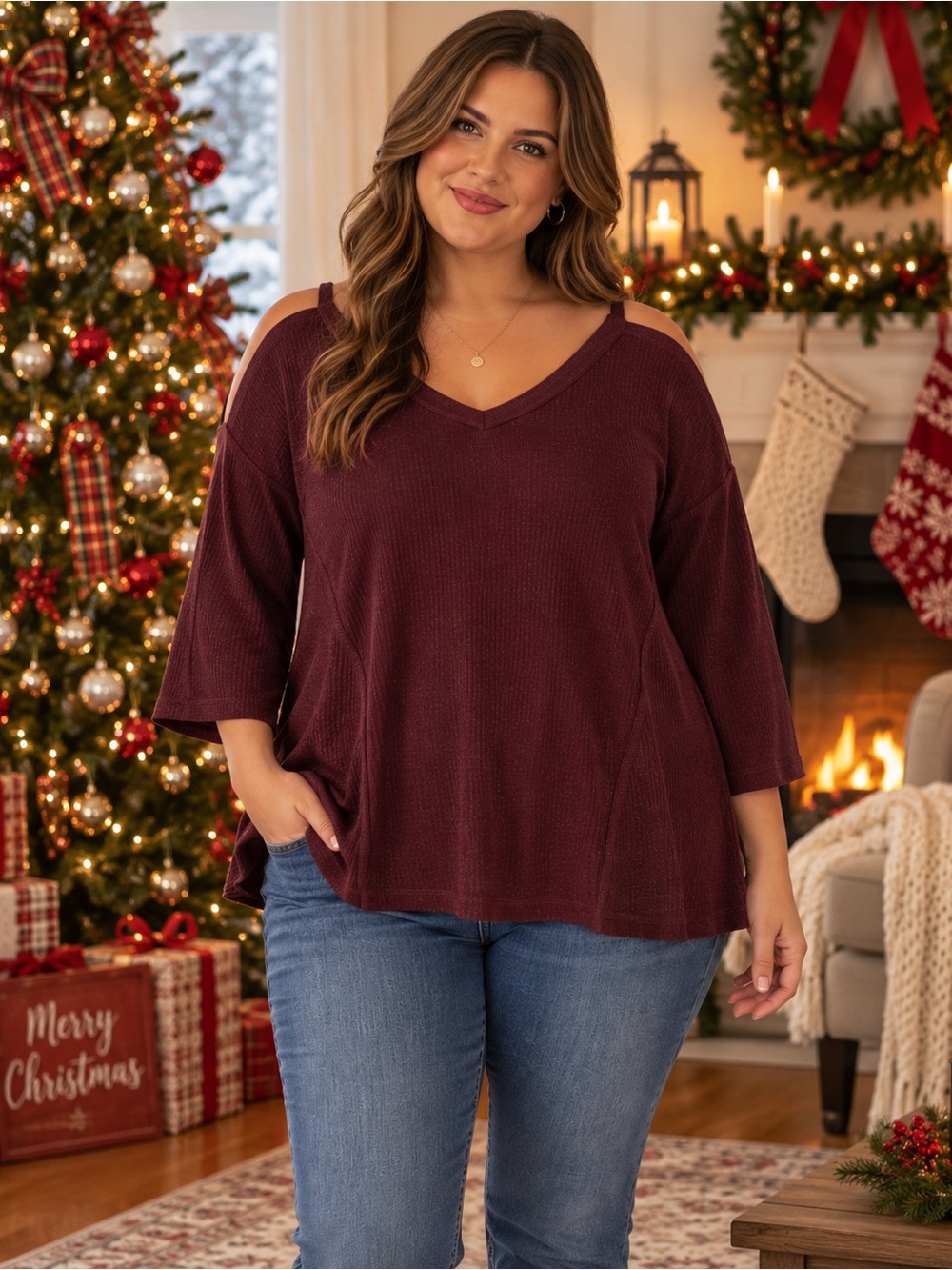 Tulip B Women's Burgundy Cold Shoulder Sweater Size M